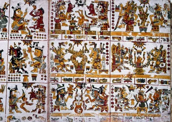 Detail aus einer Faksimile-Kopie einer Seite des Codex Borgia, die sechs Götterpaare zeigt, die die Wahrsagung für Paare darstellen